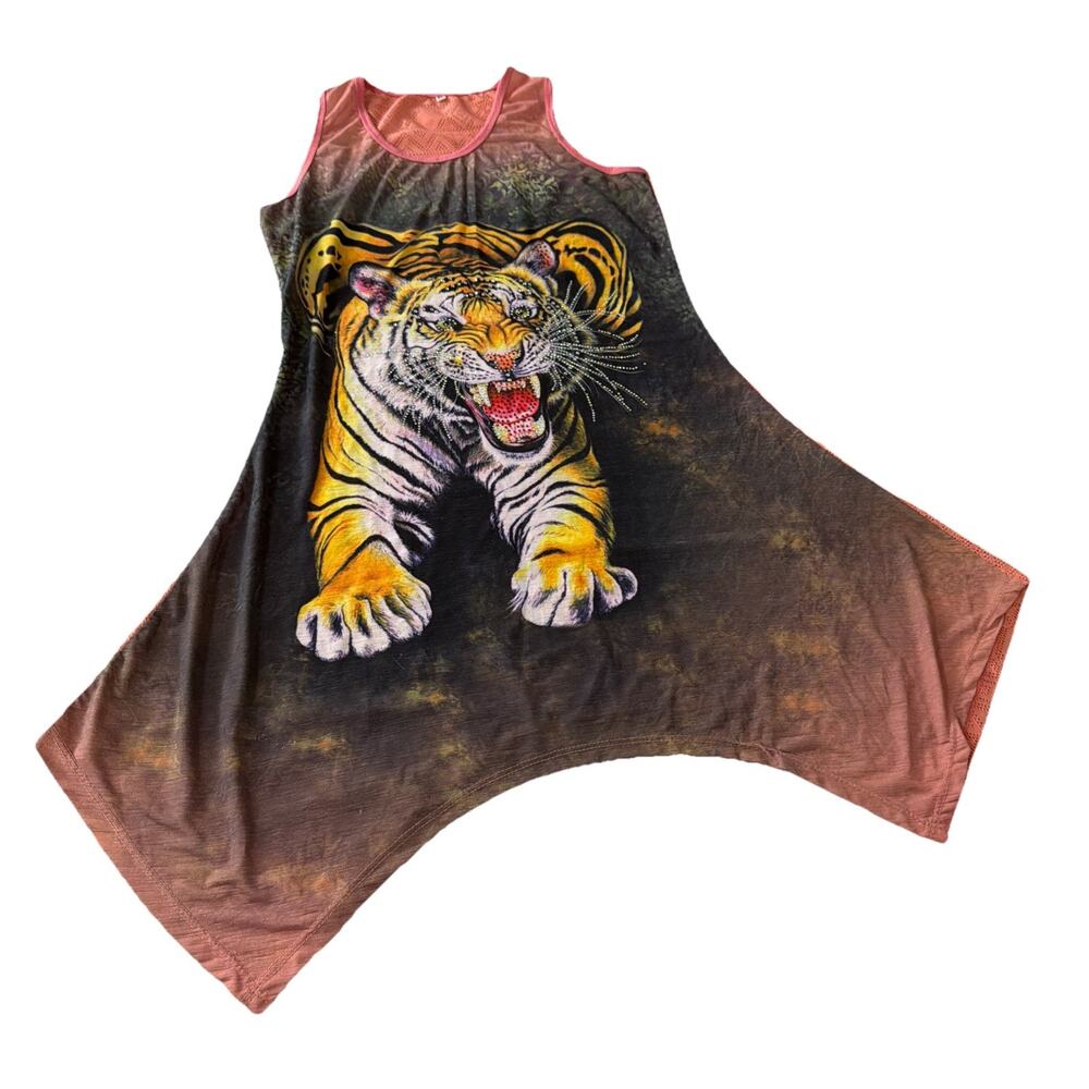 Y2K Tiger Dress Shirt Bling Sleeveless Sz Med Mesh‎ Back Rhinestones Beach Cover - Picture 2 of 14